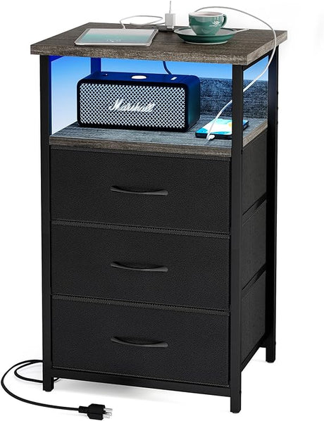 Night Stand with Charging Station, LED Nightstand with USB Ports and Outlets