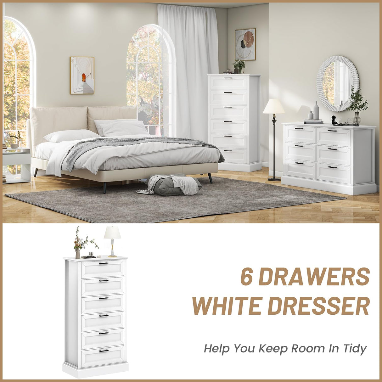 Tall White 6 Drawer Dresser, Wood Vertical Chest of Drawers for Bedroom, 55