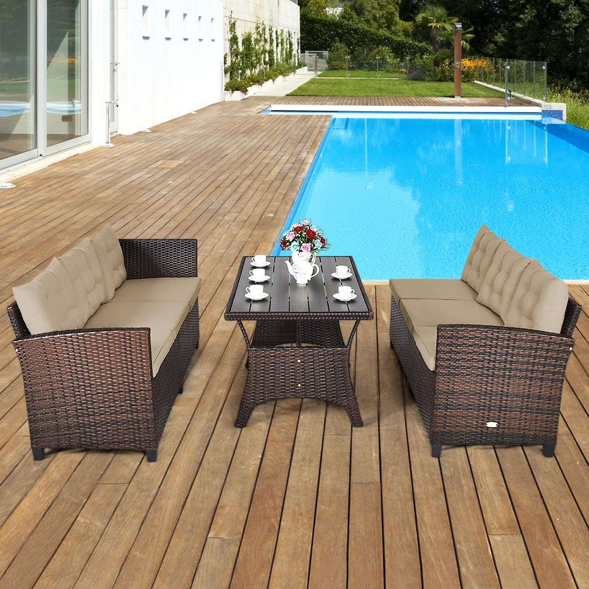 Patio Furniture Set, 3 Pieces Outdoor Conversation Set with 6 Cushioned Seat & Coffee