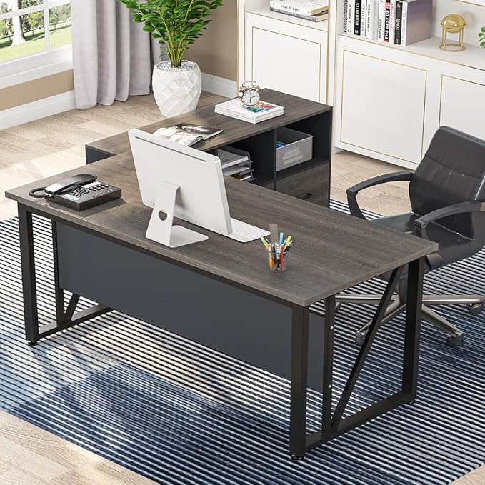 55 inches Executive Desk and 43" lateral File Cabinet, L-Shaped Computer Desk Home Office Furniture with Drawers and Storage Shelves, Office Table with Cabinet (Walnut, 55)