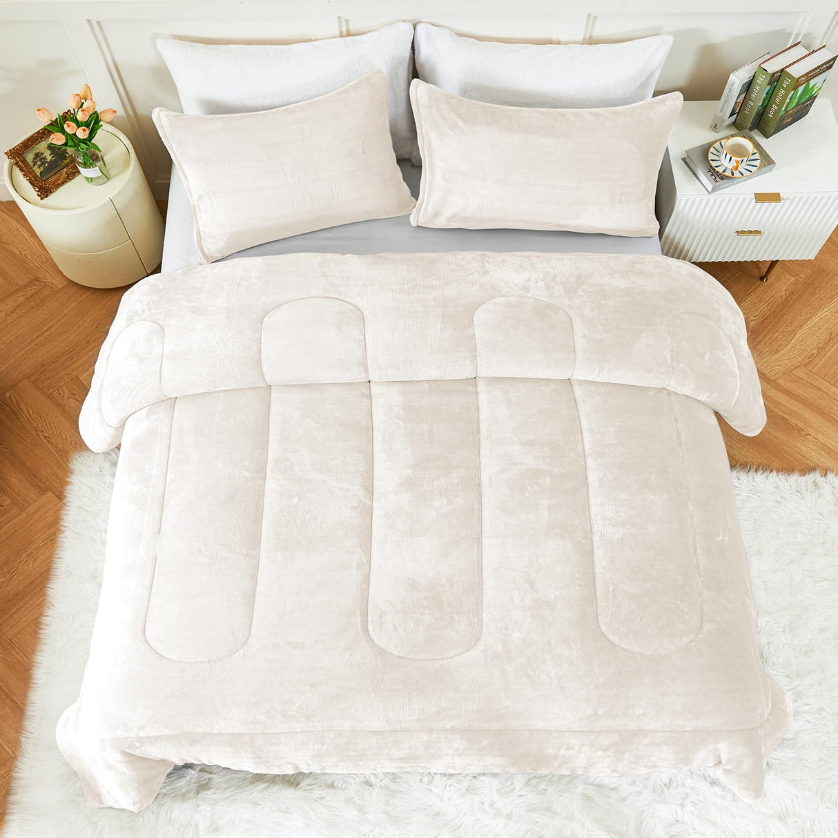 Faux Fur Comforter Set Queen Size, Luxury Ultra Soft Fuzzy Comforter, Fluffy Plush Velvet Bedding Comforter Sets