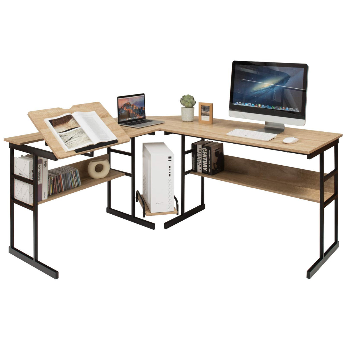 Tangkula 67 Inches L-Shaped Office Desk, Corner Computer Desk with Bottom Bookshelves & CPU Stand, Drafting Drawing Table with Tiltable Desktop, Corner Computer Workstation Home Office Desk