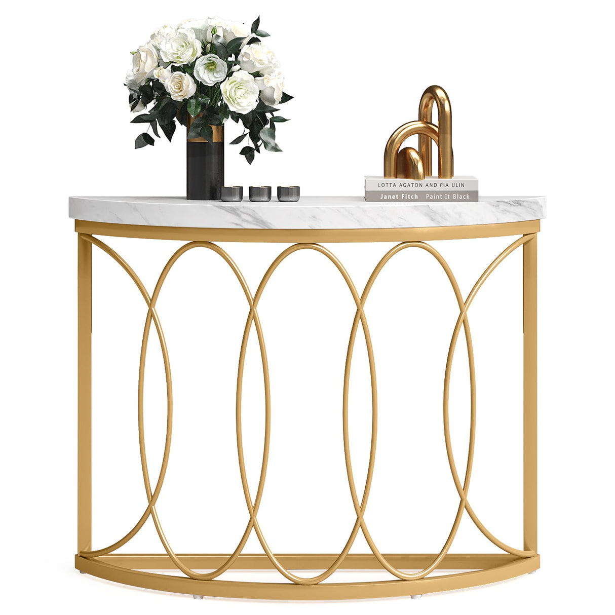 Half Moon Gold Console Table, 43 Inch Modern Faux Marble Entryway Table,