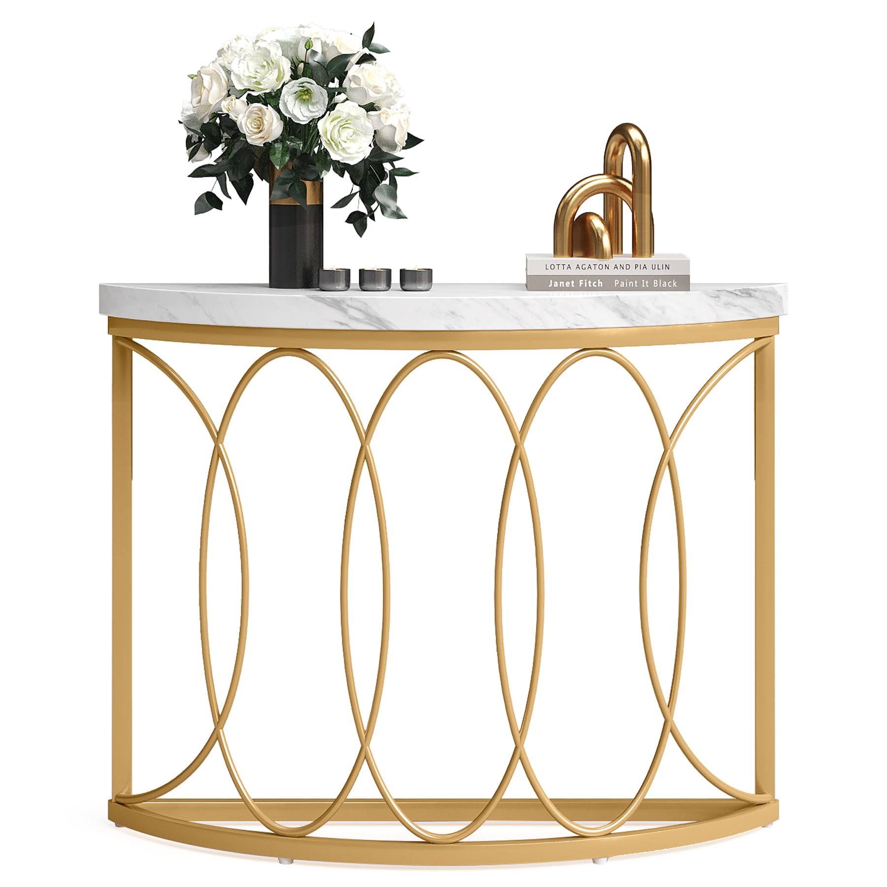 Half Moon Gold Console Table, 43 Inch Modern Faux Marble Entryway Table,