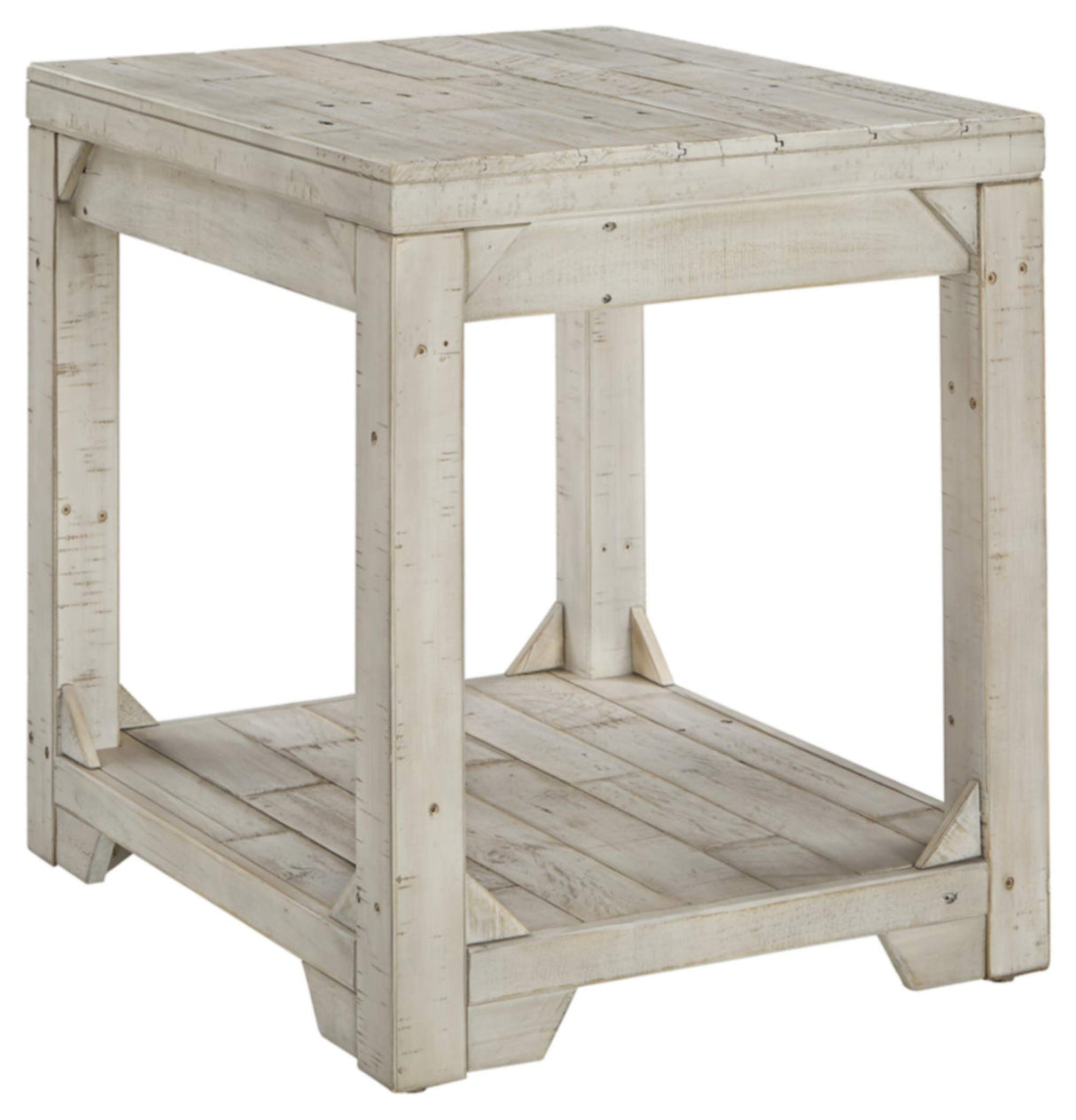 Fregine Farmhouse Square End Table with Floor Shelf, Weathered White Finish