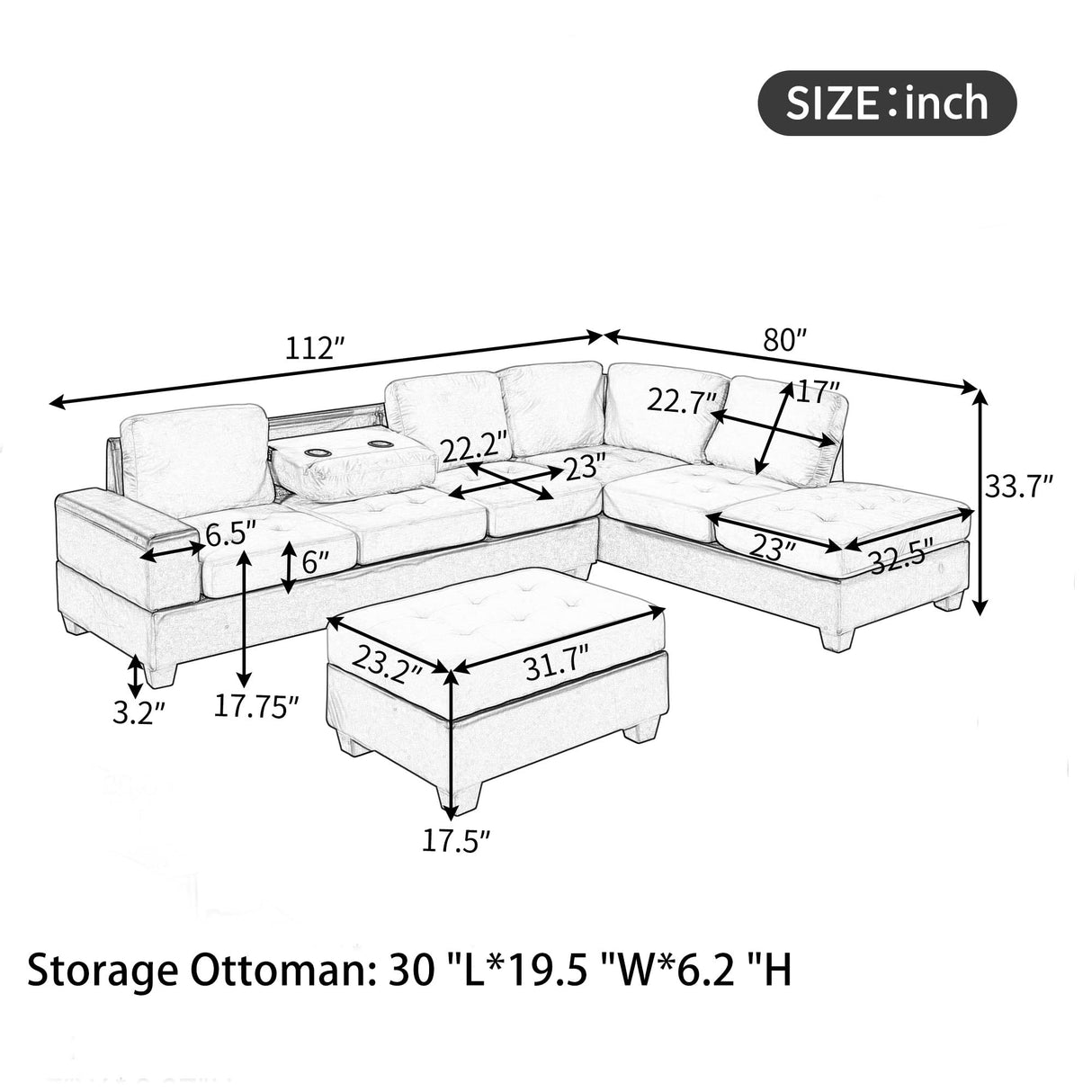 Sofa with Reversible Chaise, L Shaped Couch Set with Storage Ottoman