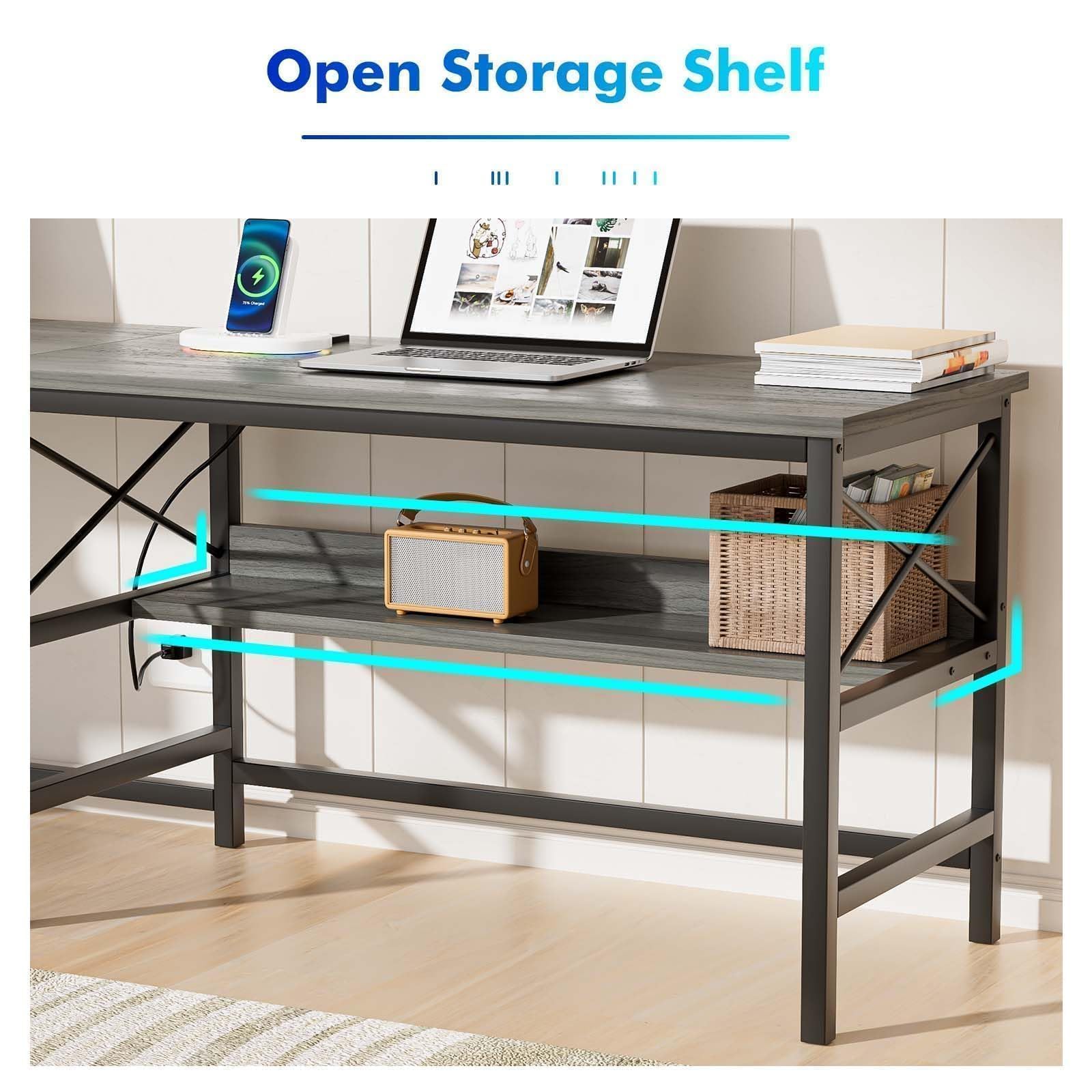 L Shaped Desk with Storage Drawer&Shelves, 63” Farmhouse Corner Computer Desk