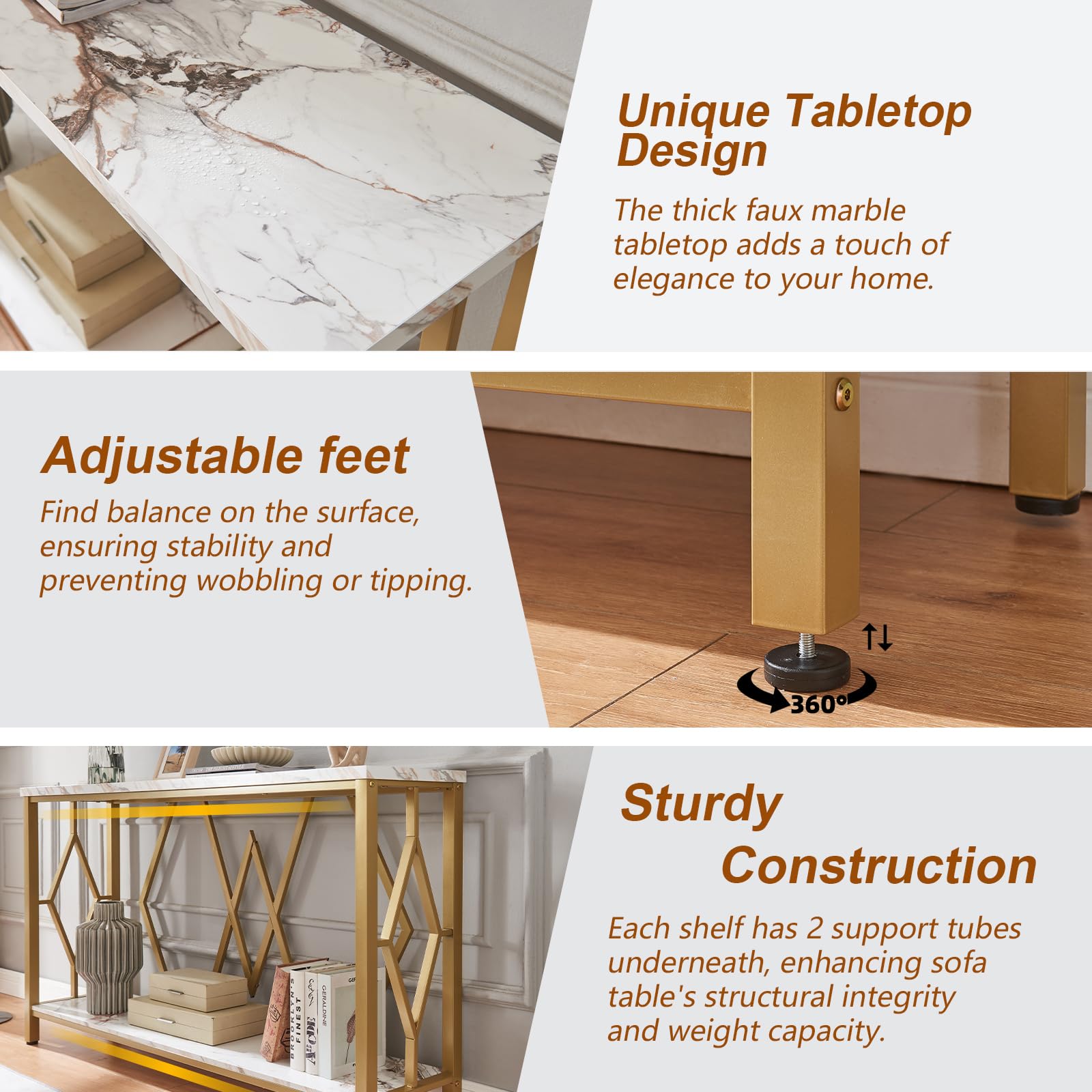 Gold Entryway Console Table with Faux Marble Top - 55 Inch Modern Sofa Table