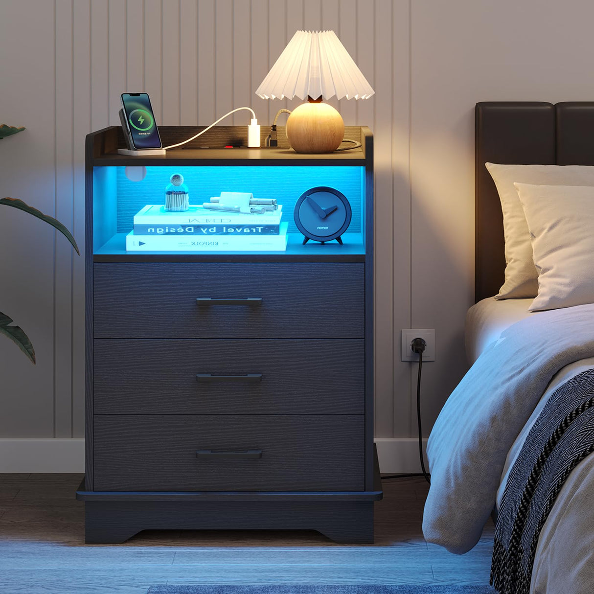 Nightstand with Charging Station and LED Lights, Modern End Table with 3 Drawers