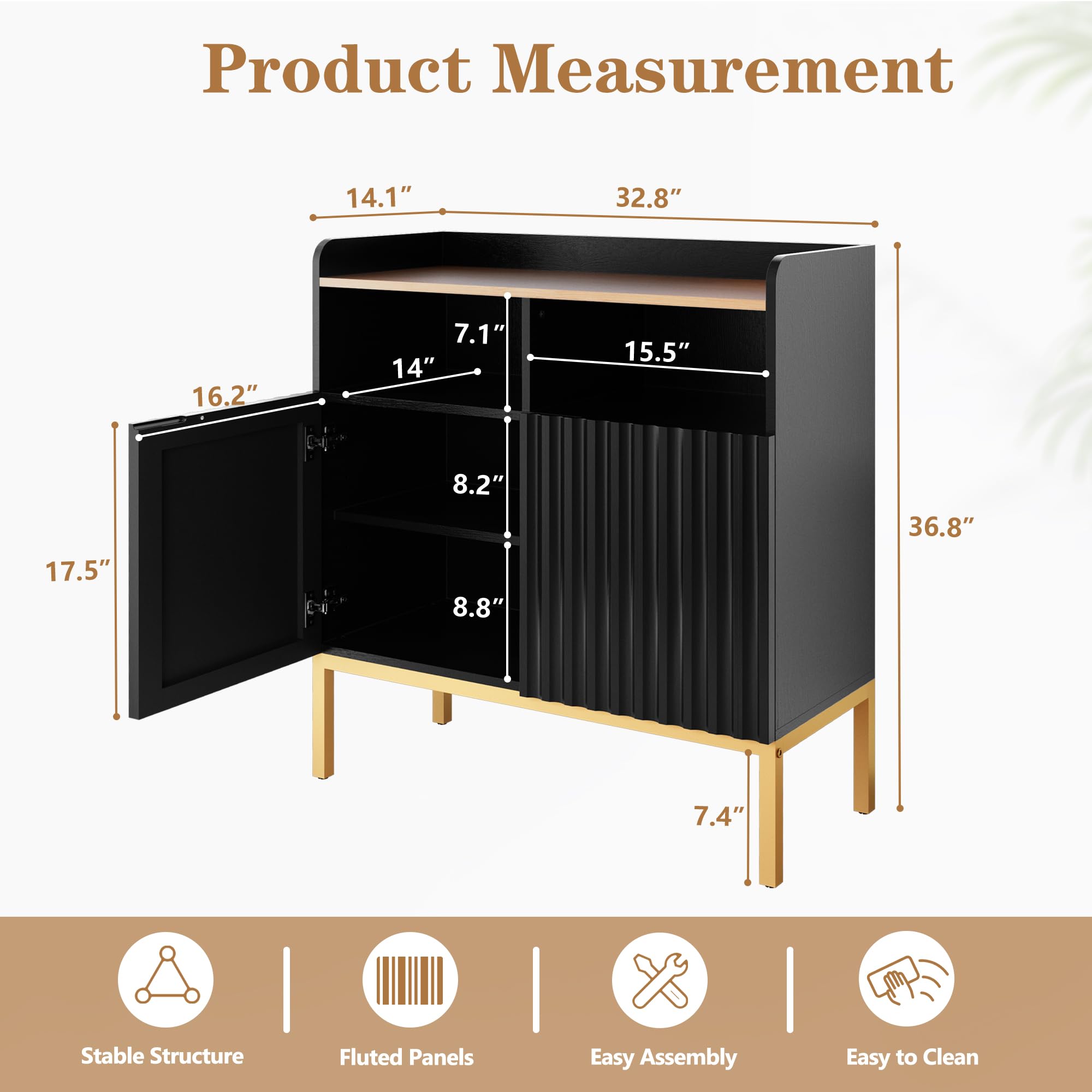 Fluted Storage Cabinet with 2 Doors, Modern Rustic Industrial Accent Cabinet
