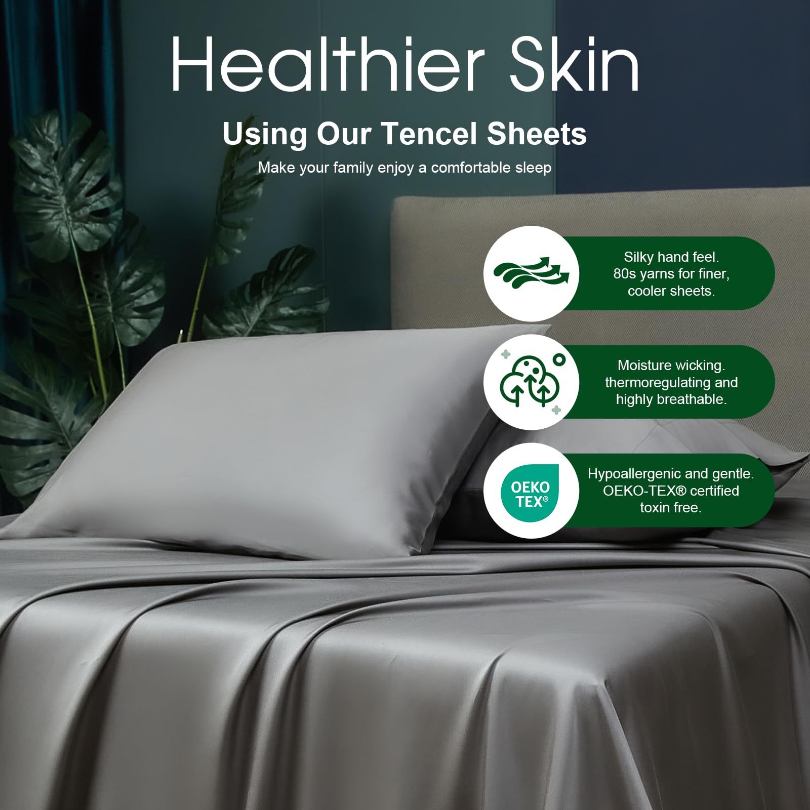 100% Tencel Eucalyptus Lyocell Sheets, Softer Than Silk, Gentle to Skin, 4 Pieces