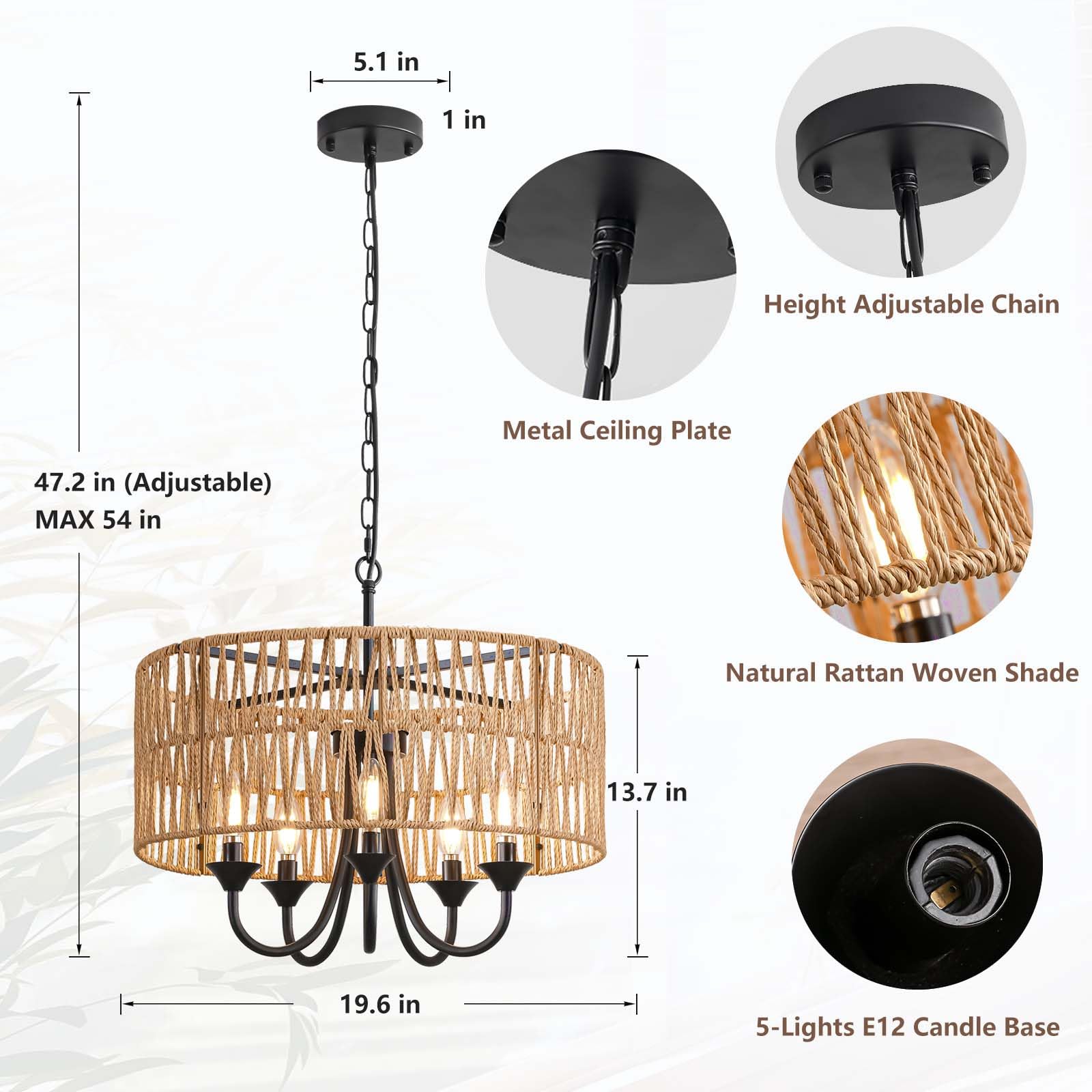 Rattan Chandelier Light Fixtures, 19.6" Hand-Woven Pendant Light with Wicker Shade, 5