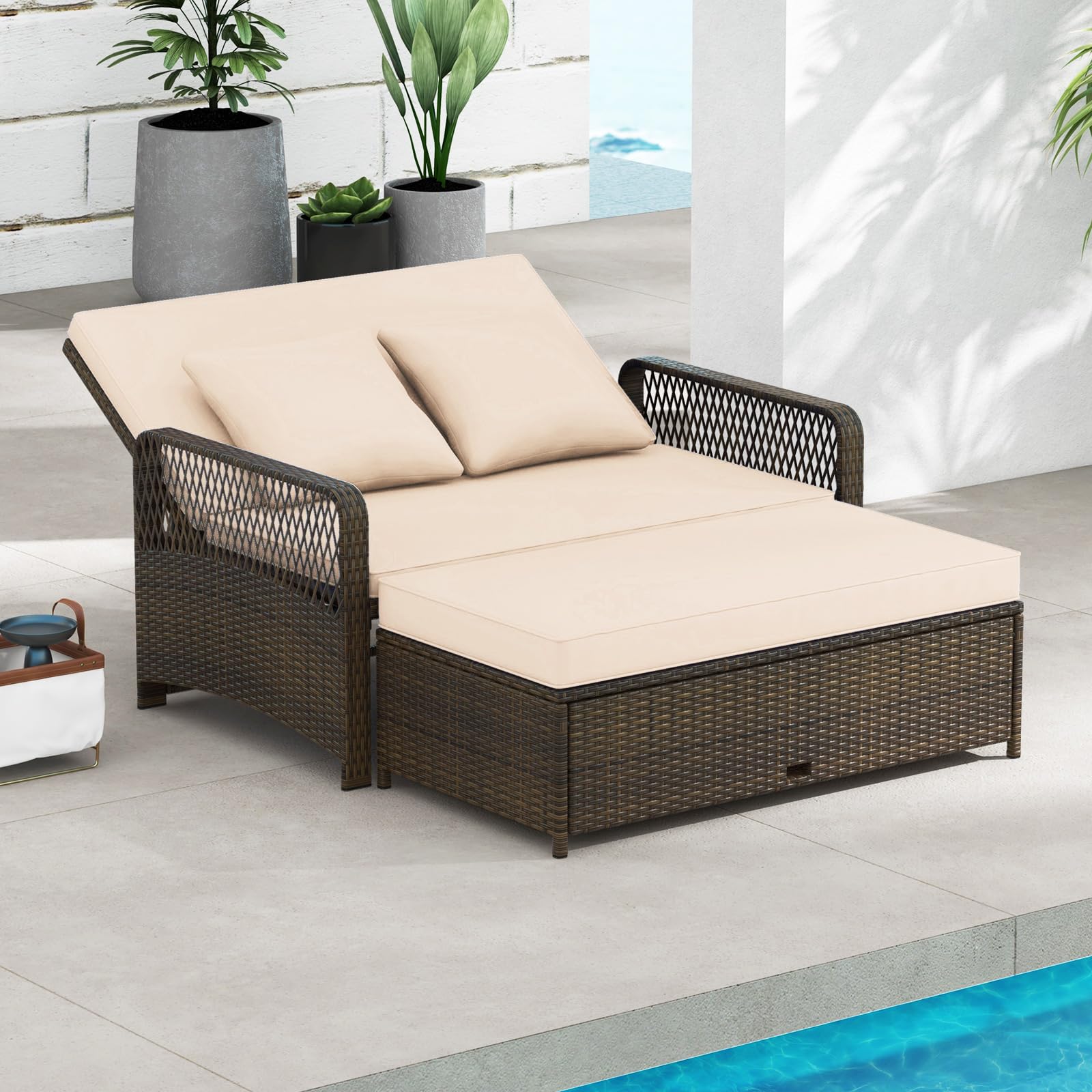 Patio Adjustable Wicker Daybed, Rattan Loveseat & Storage Ottoman w/ 4-Level Backrest