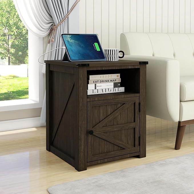 End Table with Charging Station, 18'' Rustic Wood Nightstand with Barn Door