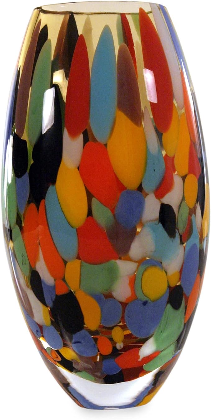 Multicolor Confetti Hand Blown Murano Style Art Glass Vase,