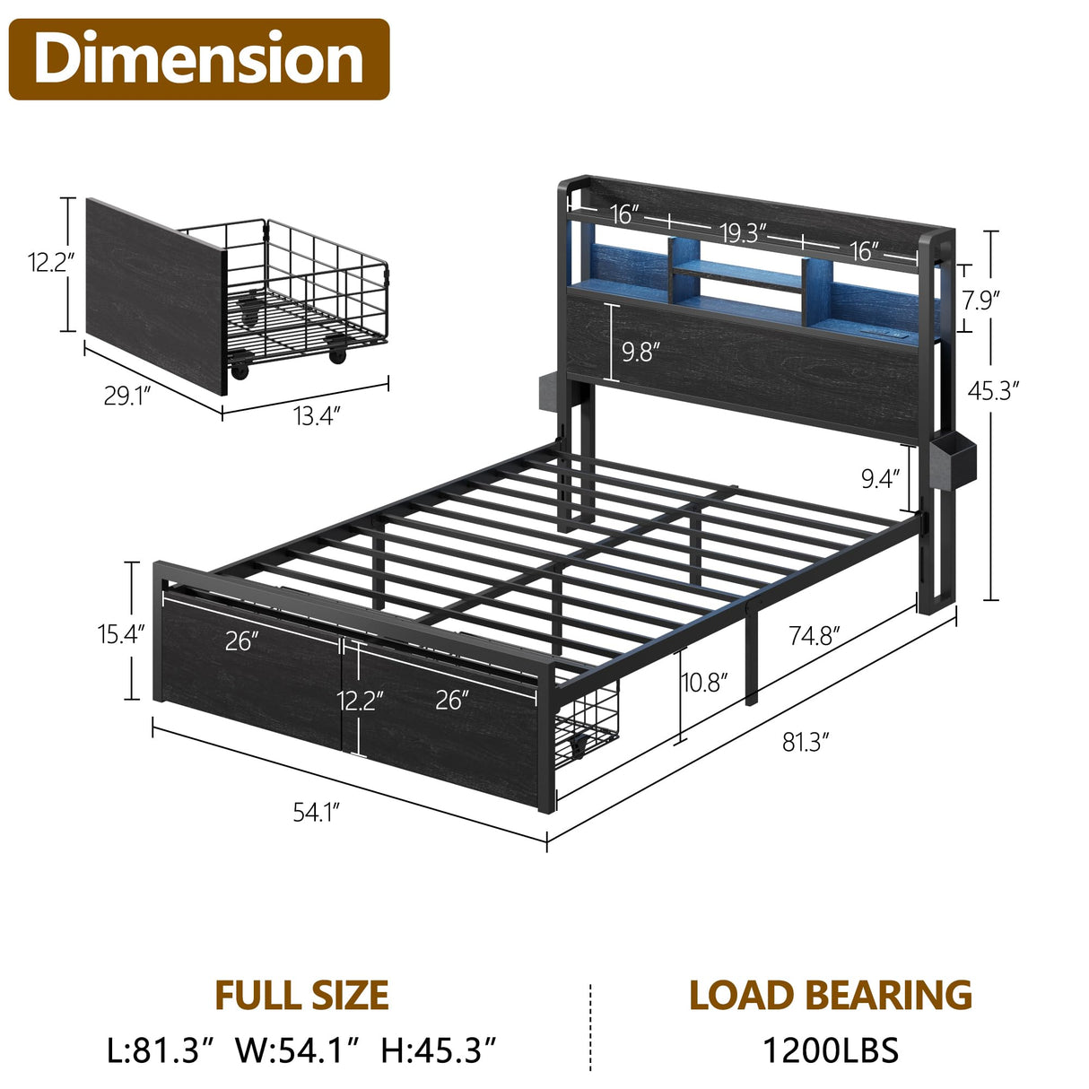 Full Size Bed Frame with LED Lights & Storage Drawers