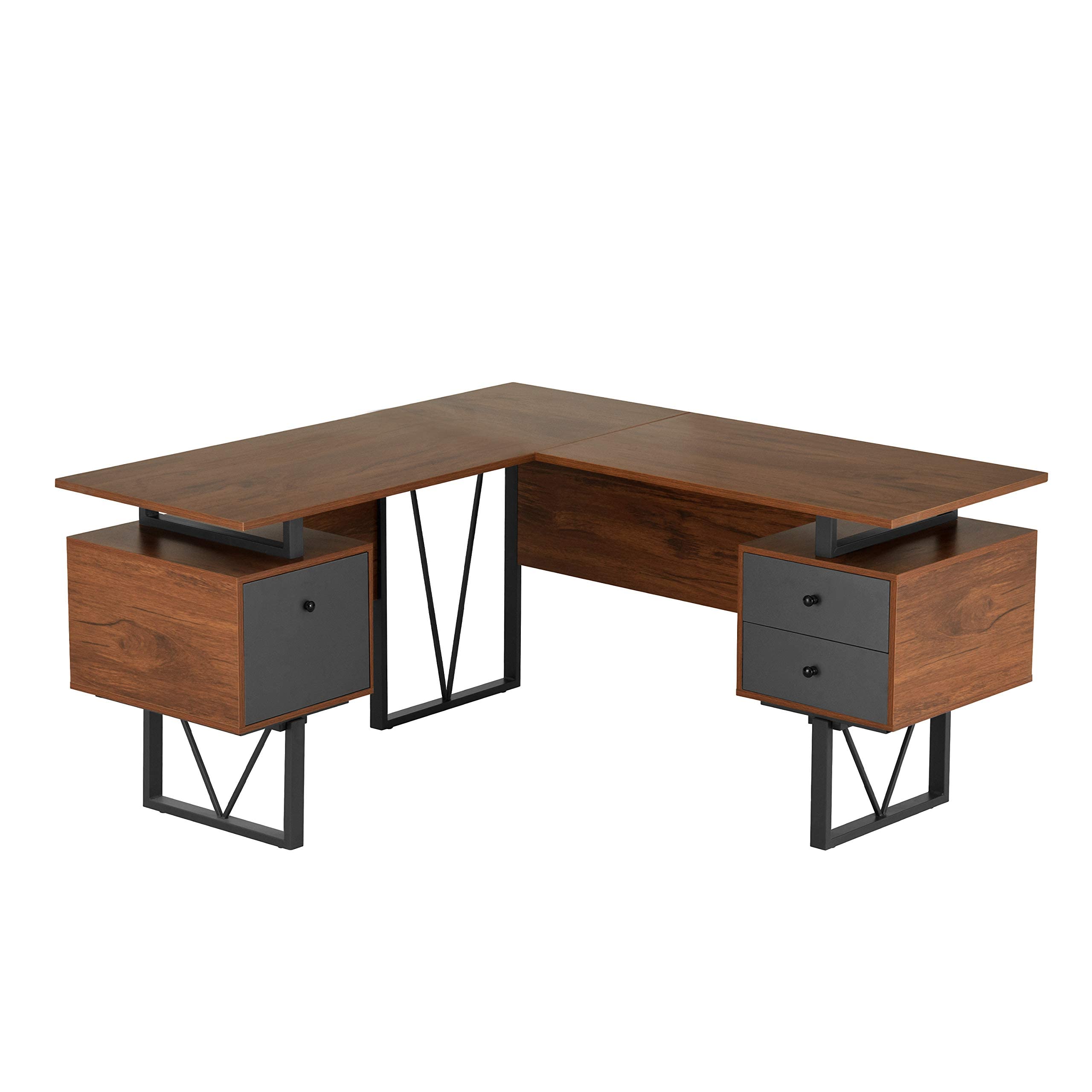 Reversible L Shaped Desk with File Cabinet and Drawers 59” W – Modern Versatile L Shaped Office Desk with Drawers and File Cabinet - Brown