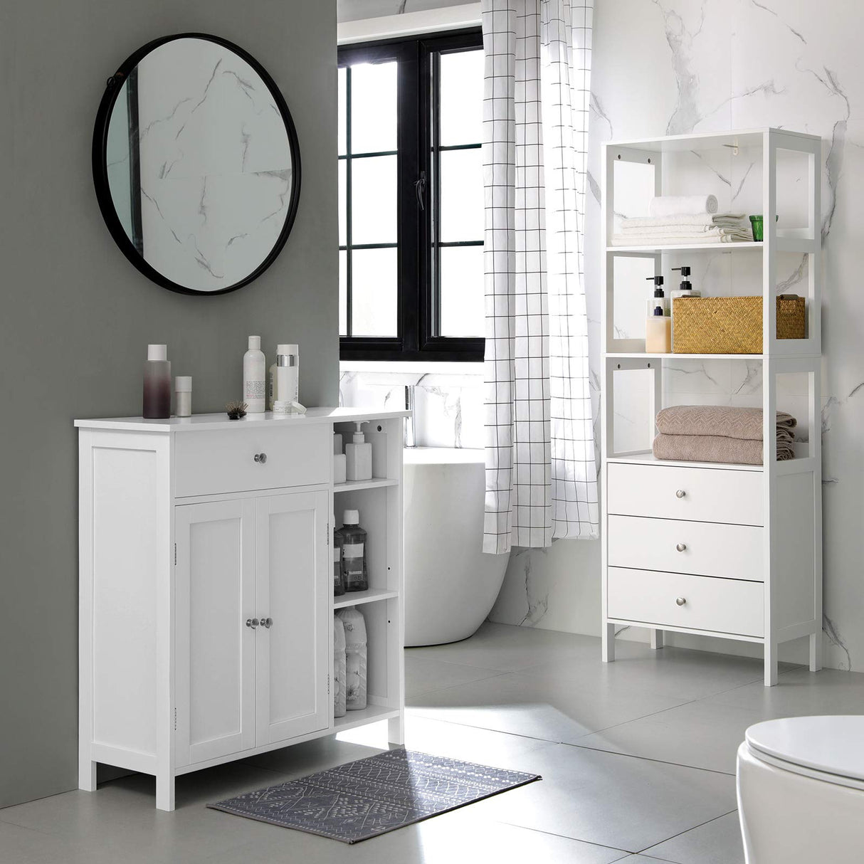 Bathroom Floor, Freestanding Storage Cabinet with Drawer, 3 Open Compartments,