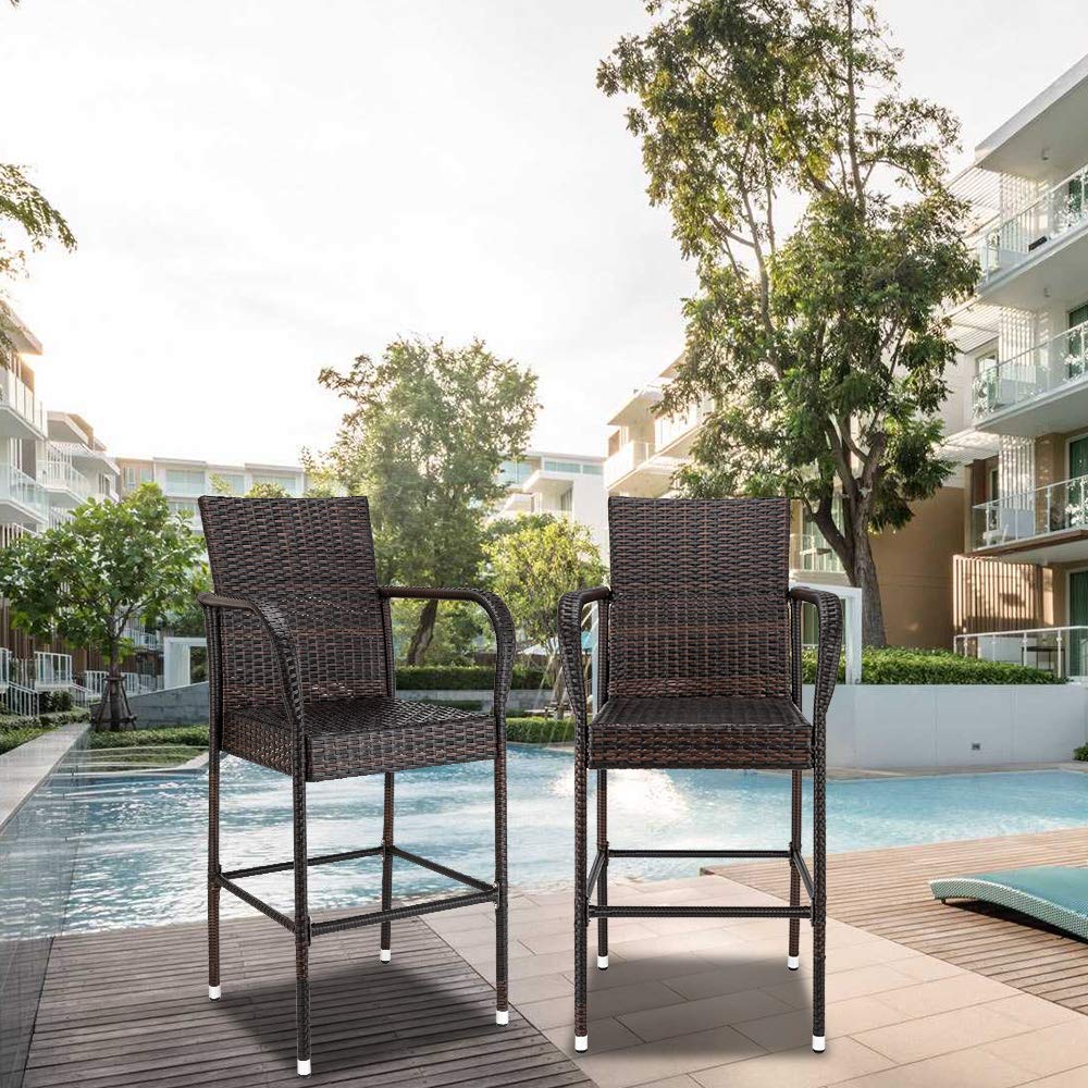 Wicker Bar Stools Outdoor Set of 2, Outdoor Bar Height Chairs