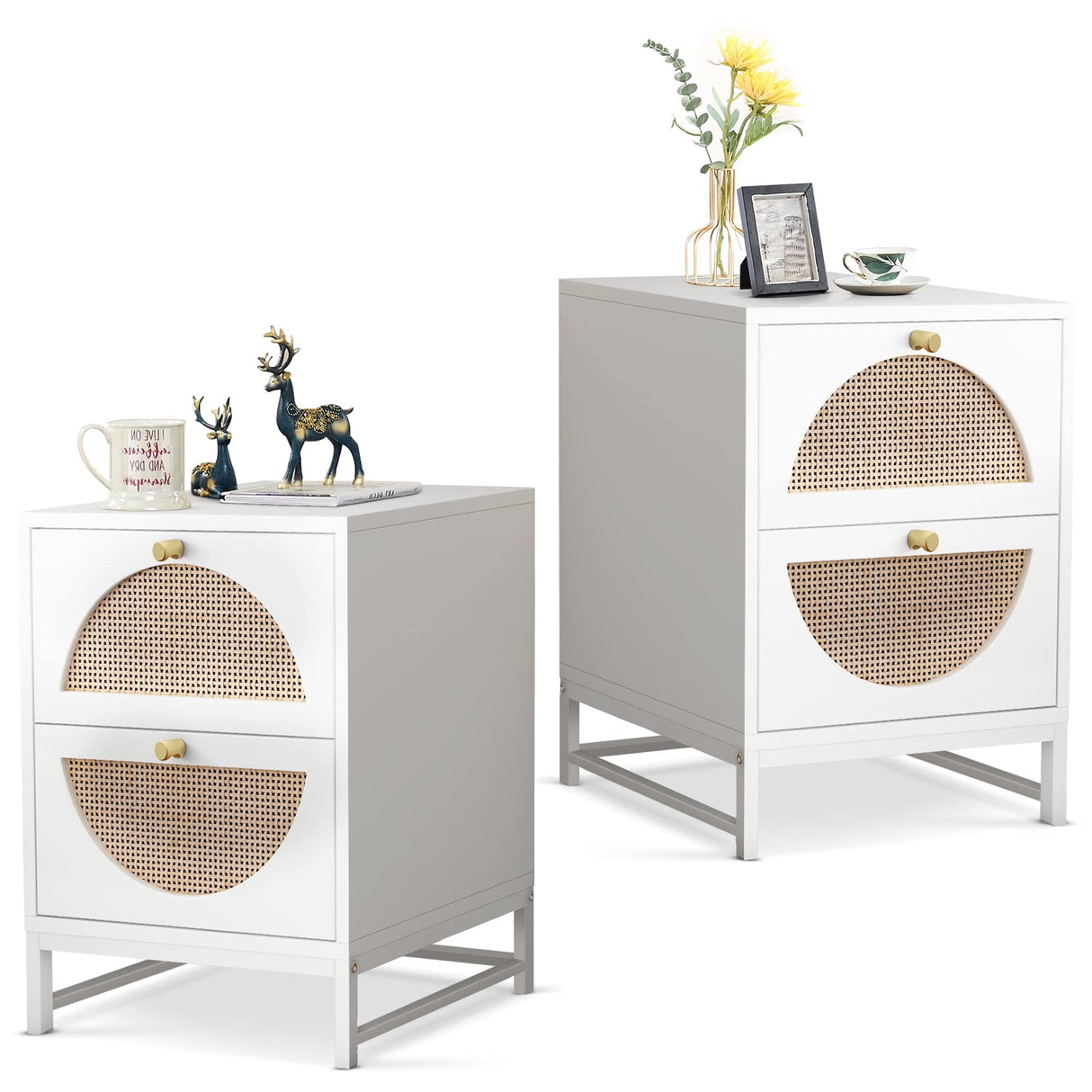 Rattan Nightstand Set of 2, End Side Table with 2 Rattan Drawers, Wood Square Bedside Table with Storage, Accent Sofa Table for Home Office Living Room Bedroom, White