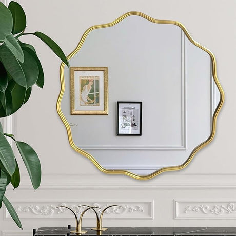 Black Round Mirror, 30" Bathroom Wavy Mirror, Wall Mounted Mirror, Circle Decorative Mirrors for Master Bath Half Bath Bedroom Living Room Bedroom Fireplace Entryway