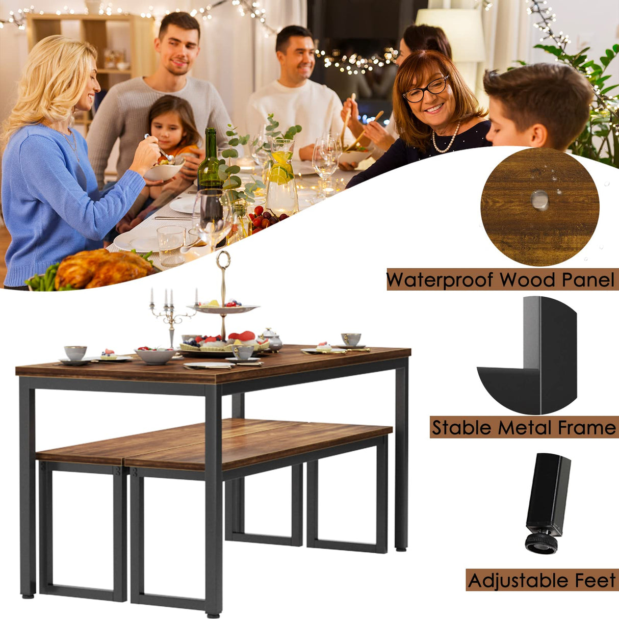 Kitchen Table Set with 2 Benches, Dining Table Set for 4, 3 Piece Dining Room