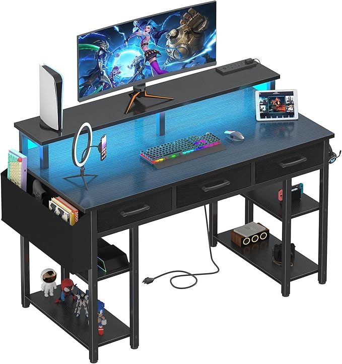 White Computer Desk with Fabric Drawers, 47 Inch Home Office Desk with Monitor Stand Shelves, Writing Study Gaming Desks with Led Lights and Power Outlets for Bedroom, White