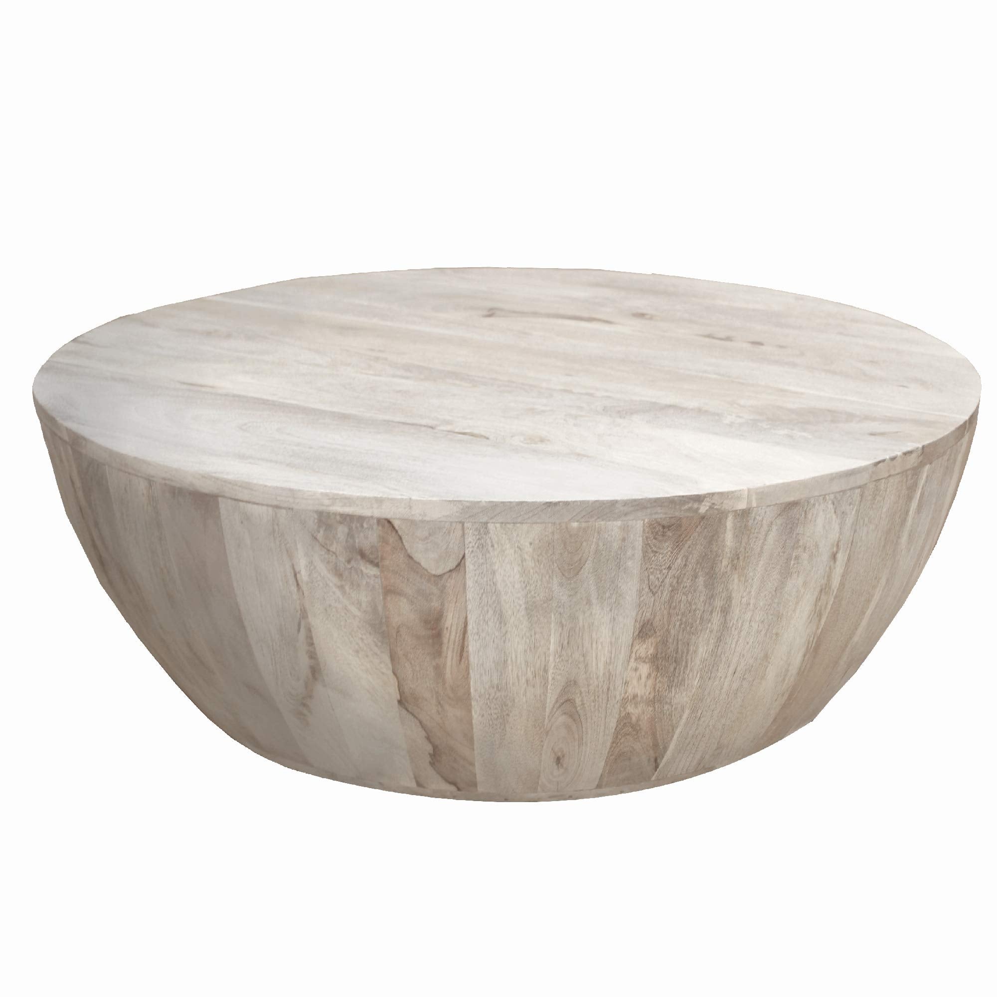 12-Inch Height Round Mango Wood Coffee Table, Subtle Grains, Distressed White