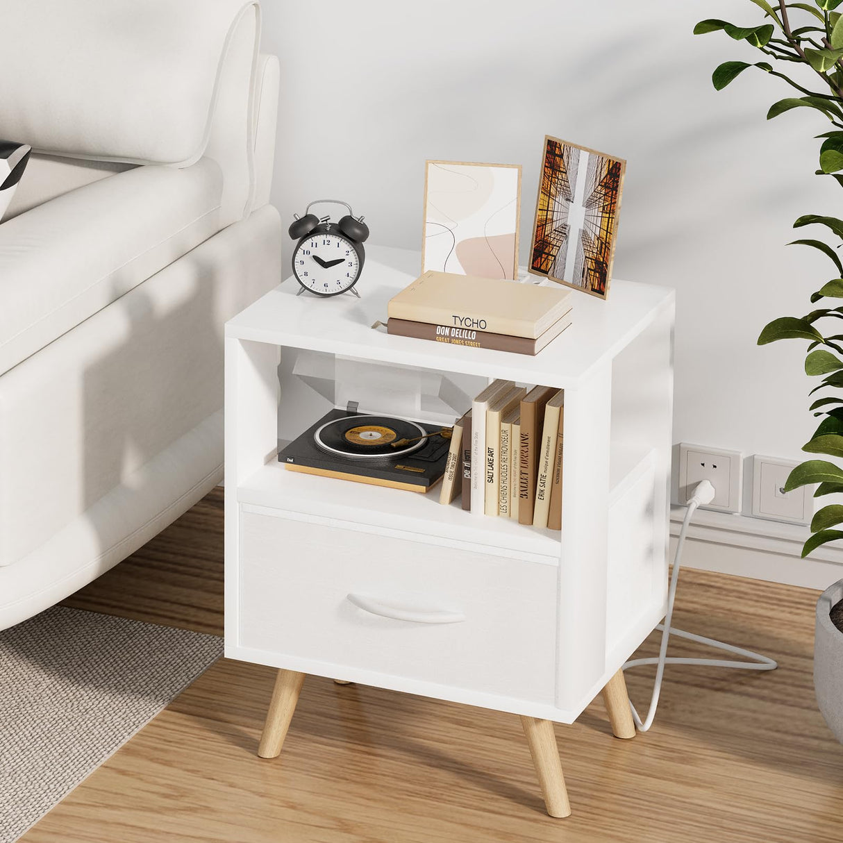 Night Stand with Charging Station, White Kids Nightstand with Drawer