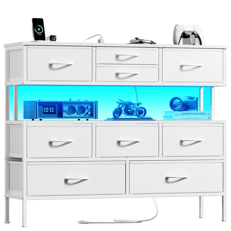 Dresser TV Stand with Charging Station and LED Lights, 55” TV Stand with 9 Drawers,