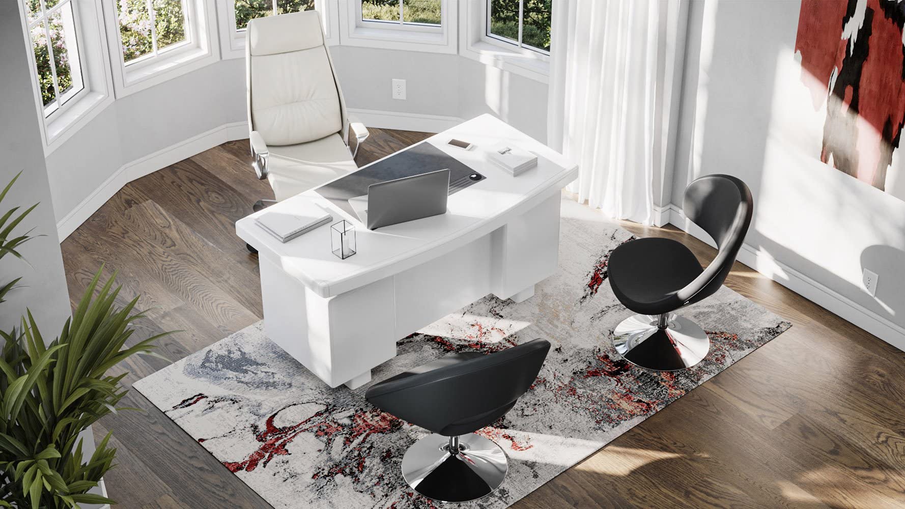 Monroe White Lacquer Modern Desk with Leather Pad and Storage