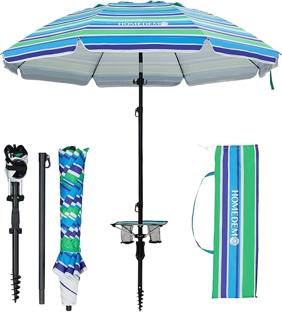 7ft Heavy Duty High Wind Beach Umbrella With Foldable Table & Hook