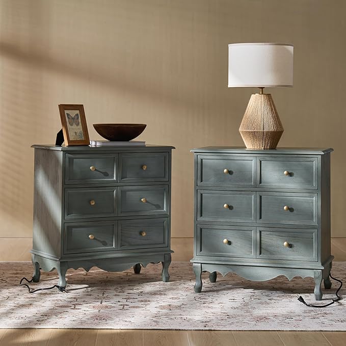 3-Drawer Nightstand with Charging Station, Drawer Organizer with Wood Legs