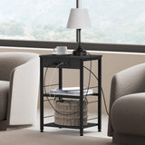 Nightstand Black with Charging Station, USB Ports, 3 Tier Side Table with Storage Shelf