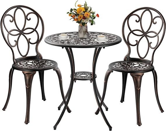 White Bistro Table and Chairs Set of 2, Cast Aluminum White Bistro Set Outdoor