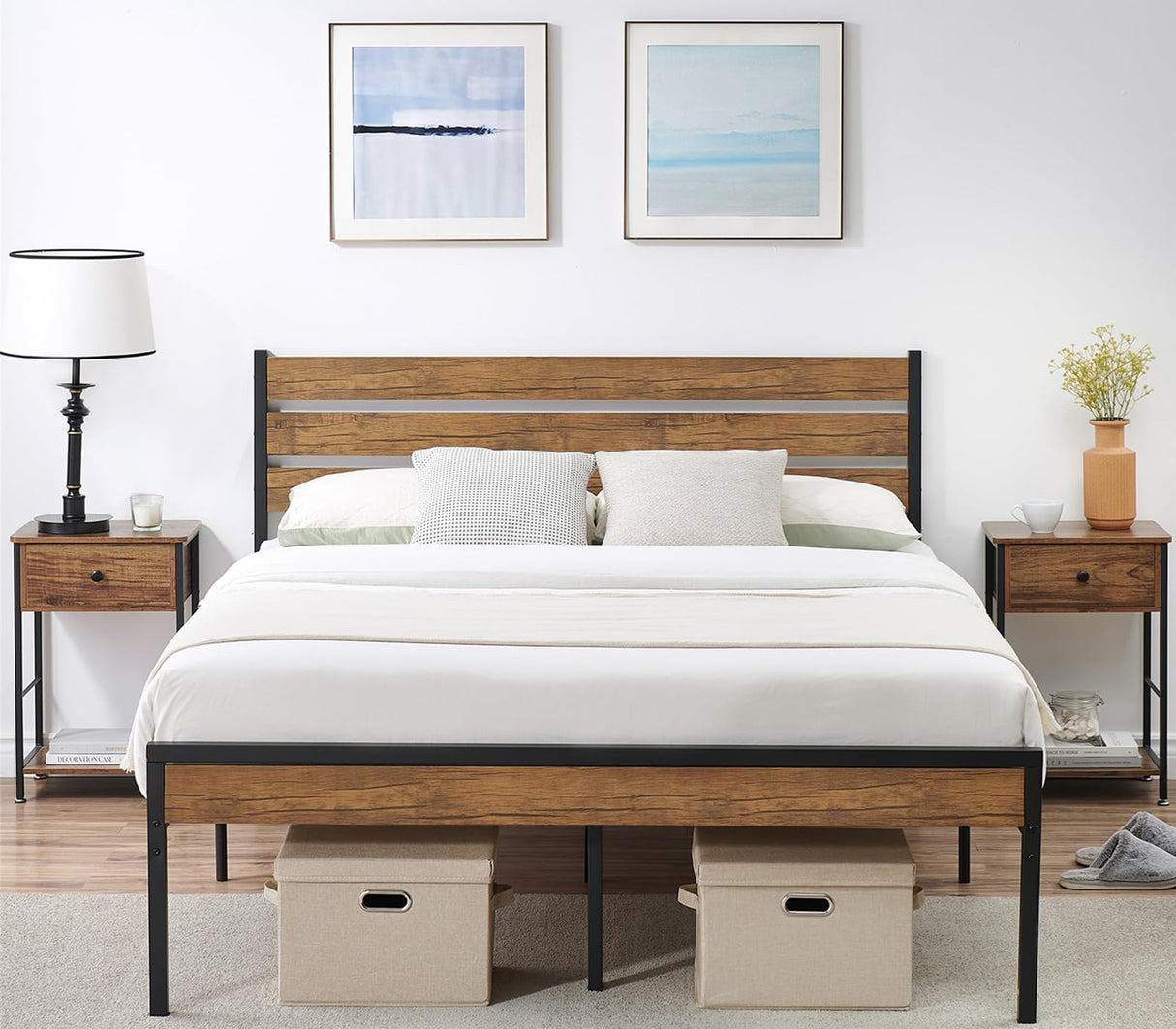 with Wood Headboard, Strong Wood Slats Support, Under Bed Storage, Noise-Free,