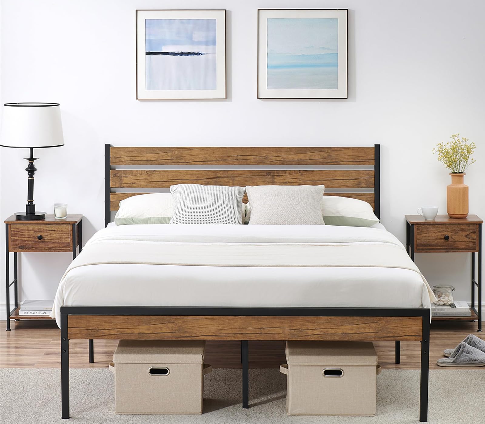 with Wood Headboard, Strong Wood Slats Support, Under Bed Storage, Noise-Free,