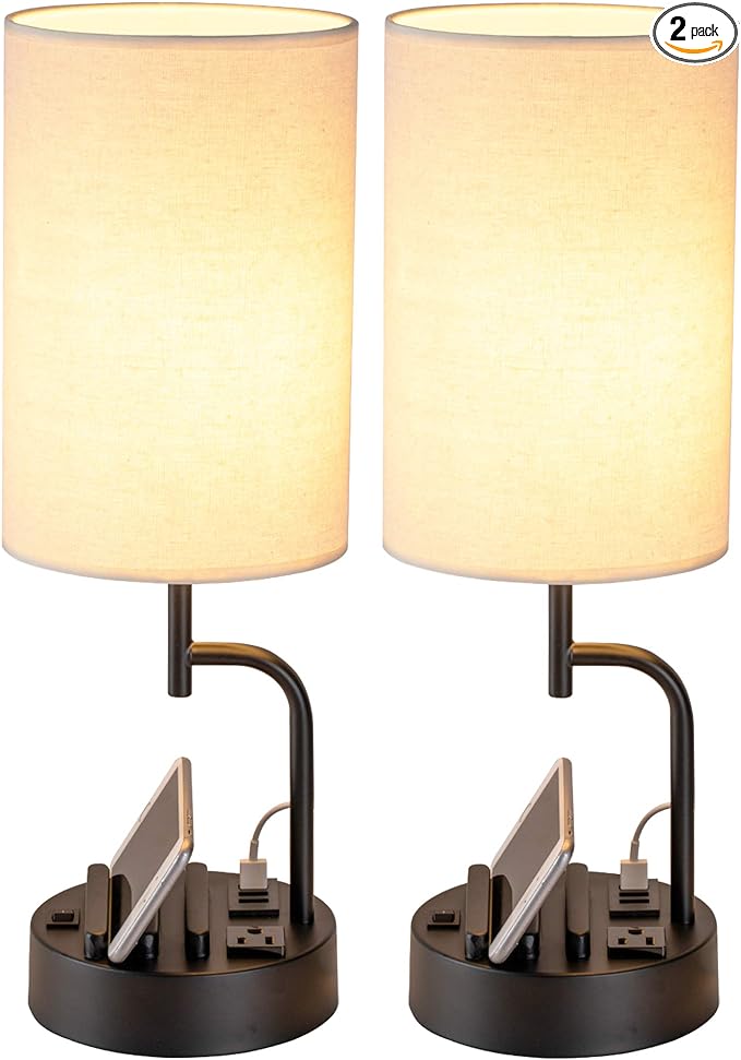 Table Lamp with 3 USB Charging Ports, Modern Desk Lamp with AC Outlet and Phone