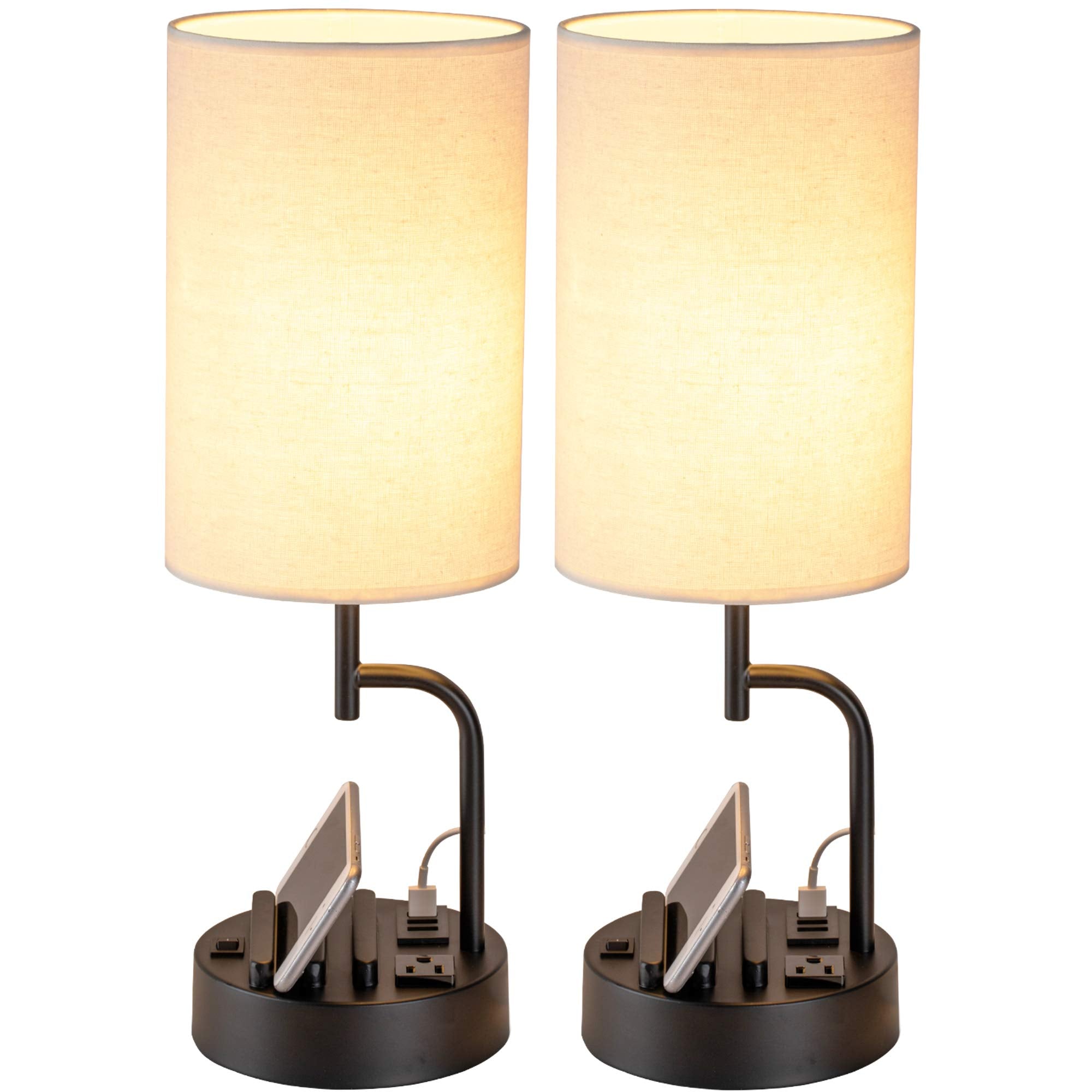 Table Lamp with 3 USB Charging Ports, Modern Desk Lamp with AC Outlet and Phone