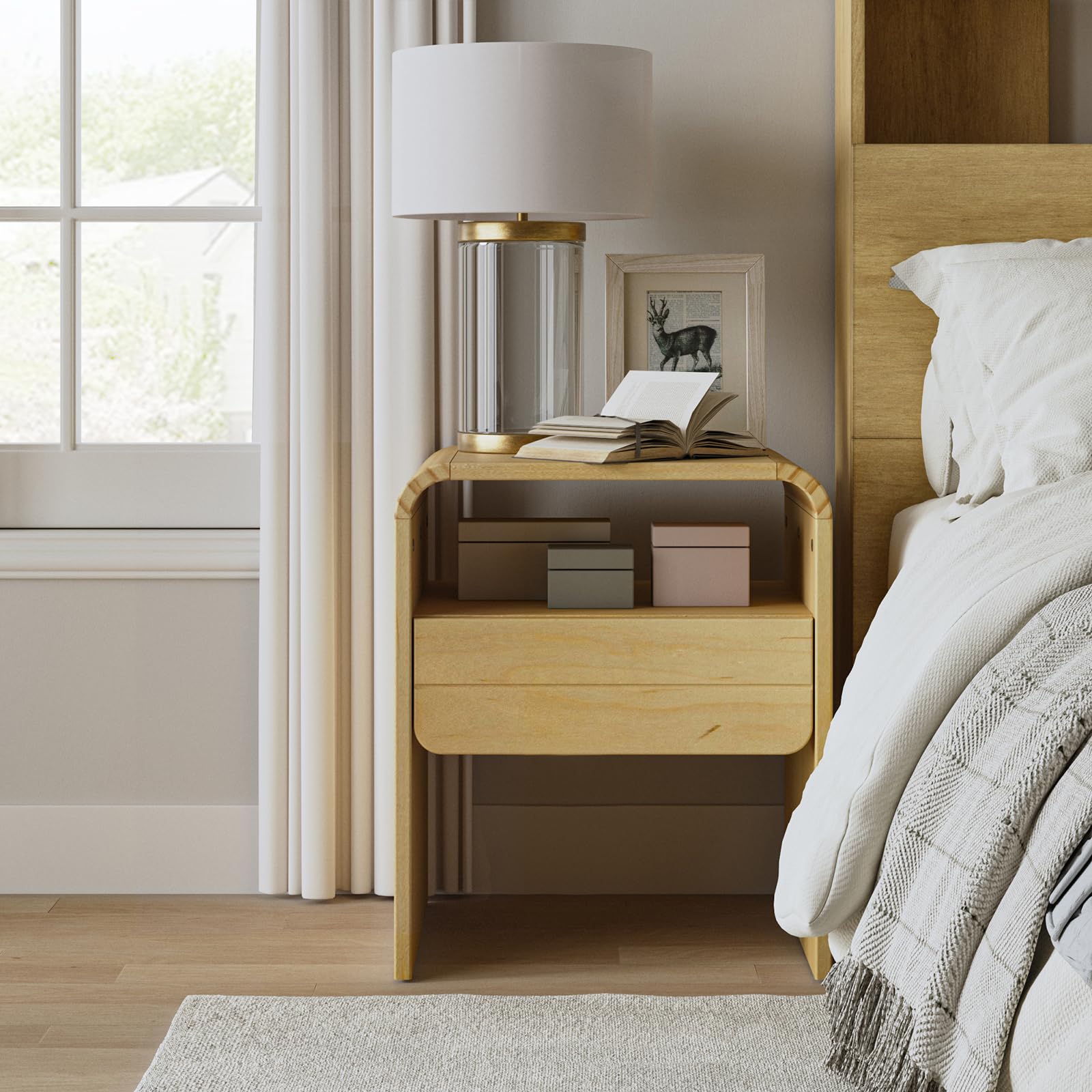 Nightstand with 1-Drawer, Modern Curved-Top Nightstand