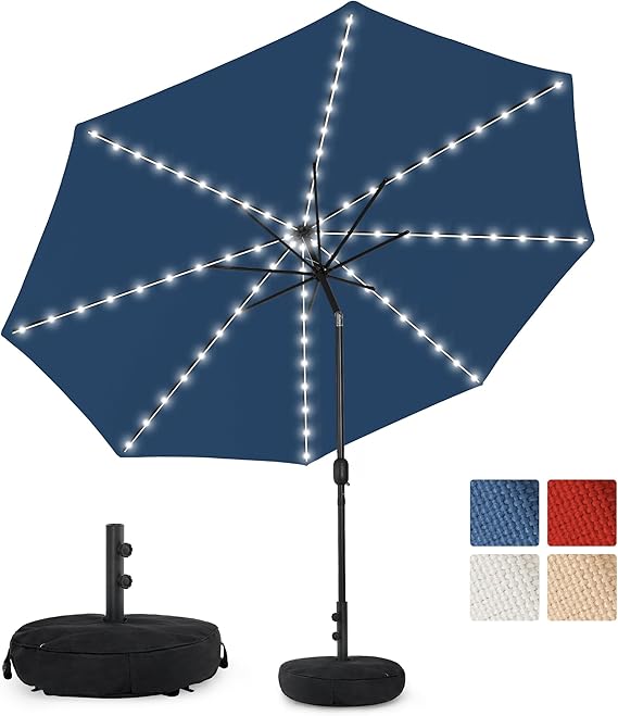 Olefin 5-Year-Non-Fading Solar 80 LED 9 FT Solar Patio Umbrella with Sand Bag Base