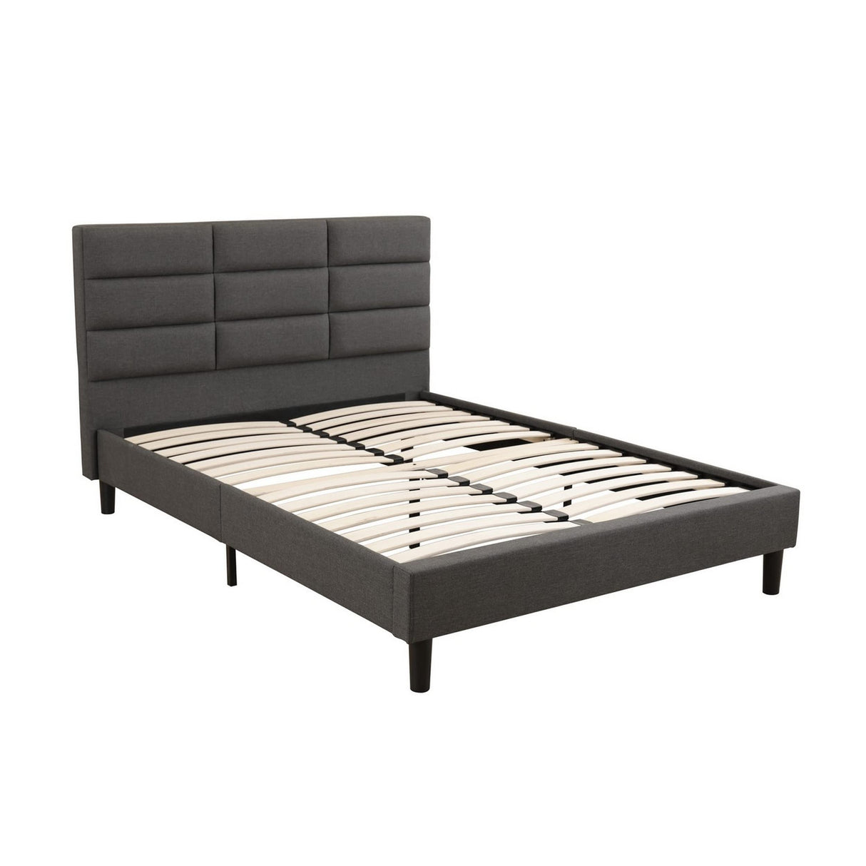 Rin Queen Size Platform Bed, Charcoal Gray Upholstery, Panel Headboard