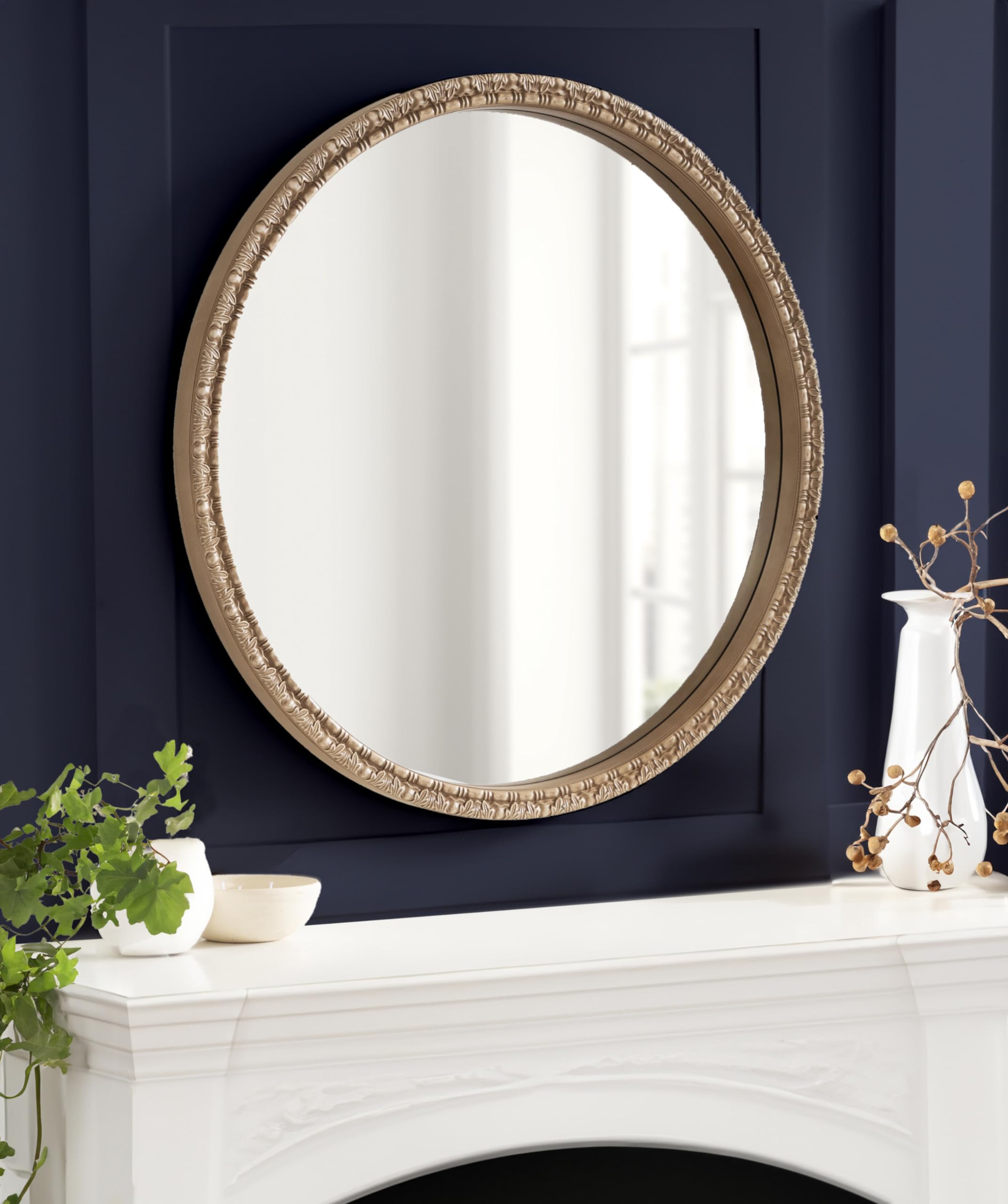 Stallworth Decorative Textured Round Mirror, 30 Inch Diameter, Light Natural