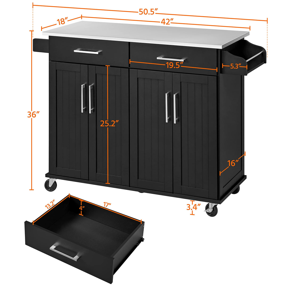 Rolling Kitchen Island with Stainless Steel Top