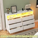 bedroom, White Bedroom Dresser with LED Lights and Charging Station, 6 Long Drawers