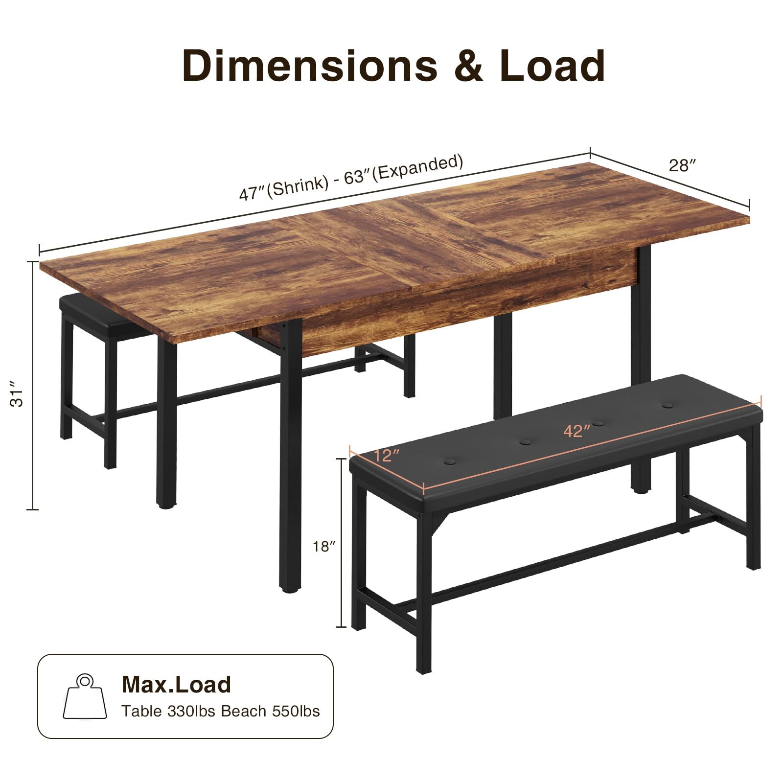 Halitaa 3-Piece Dining Table Set for 4-8, Kitchen Table Set with Metal Frame & Wooden Board，63" Extendable Dining Room Table Set with Drawer and 2 Upholstered Benches (Rustic Brown)