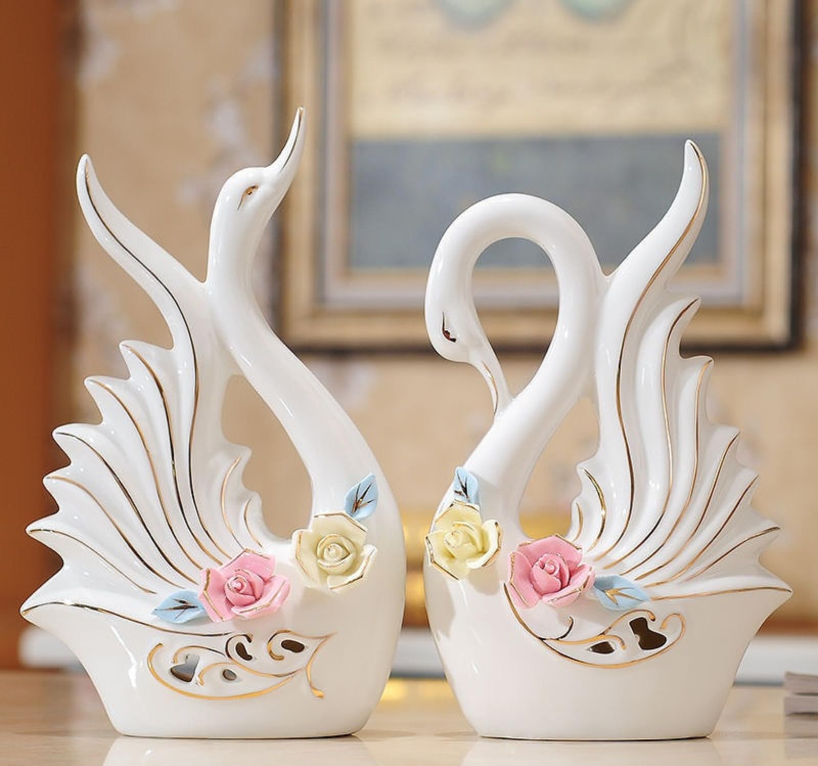 Ceramic Swan Figurines Couple Gifts, Porcelain Swan Statue Sculpture Home Decor,