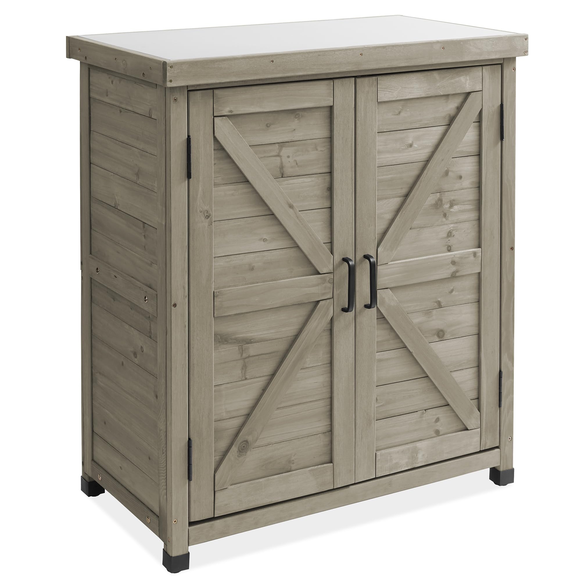 Outdoor Garden Potting Bench with Metal Tabletop and Storage Cabinet