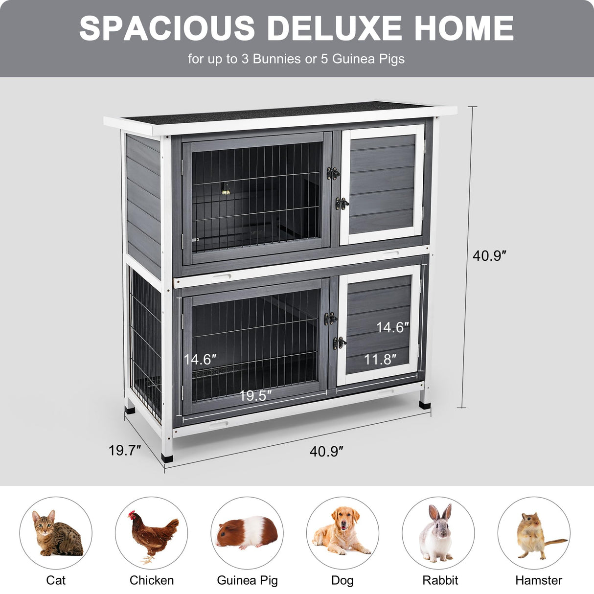 Rabbit Hutch with with 2 Large Separable Rooms, Indoor Outdoor Bunny Cage Rabbit House