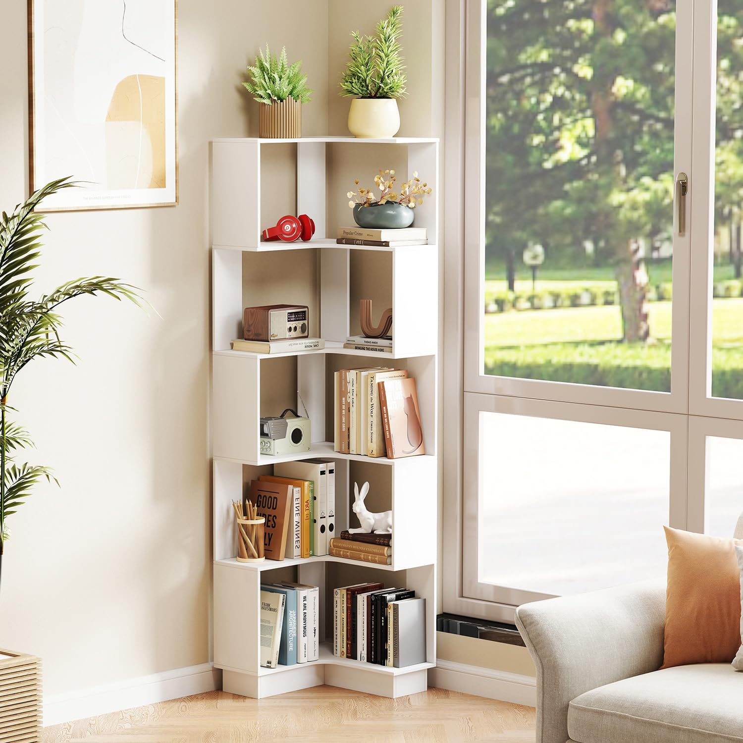 Corner Bookshelf, 5 Tiers Wooden Corner Bookcase 68.9" Tall L-Shaped Bookshelf